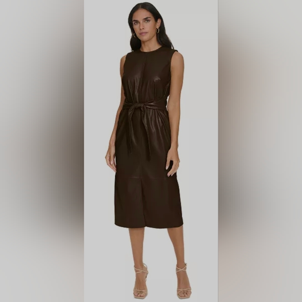 Brand New With Tags Calvin Klein Faux  Leather Sleeveless Tie Waist Dress